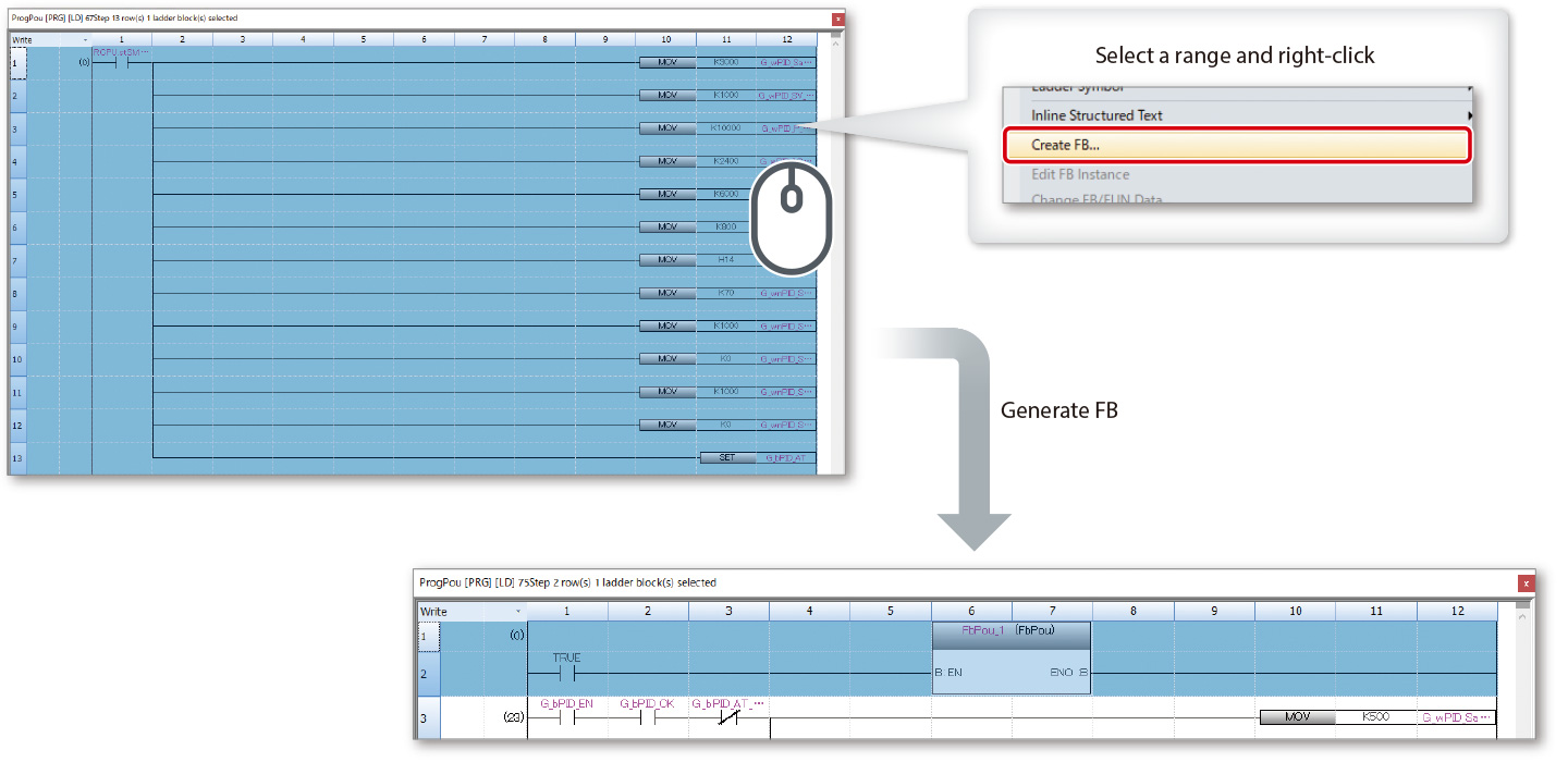 Function blocks (FBs) can be created from existing device programs