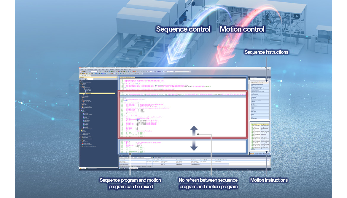 GX Works3 screen: sequence and motion programs can be mixed, with no refresh between them