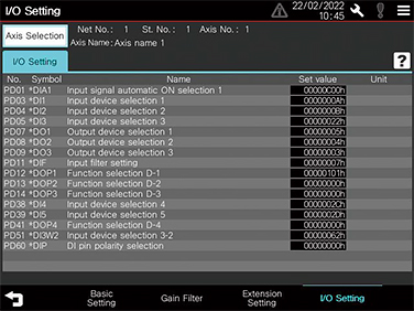 I/O setting parameters screen