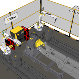 Arc Welding Cell with Two Robots on Tracks and One-axis Positioners (OLP)